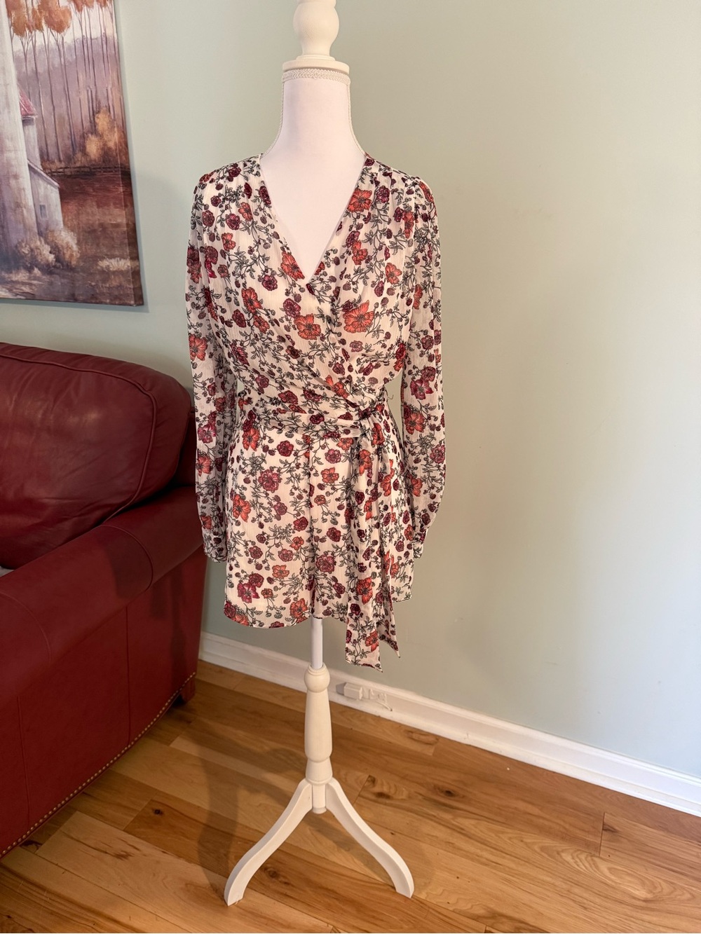Express Floral Wrap Mini Dress in Ivory and Rust